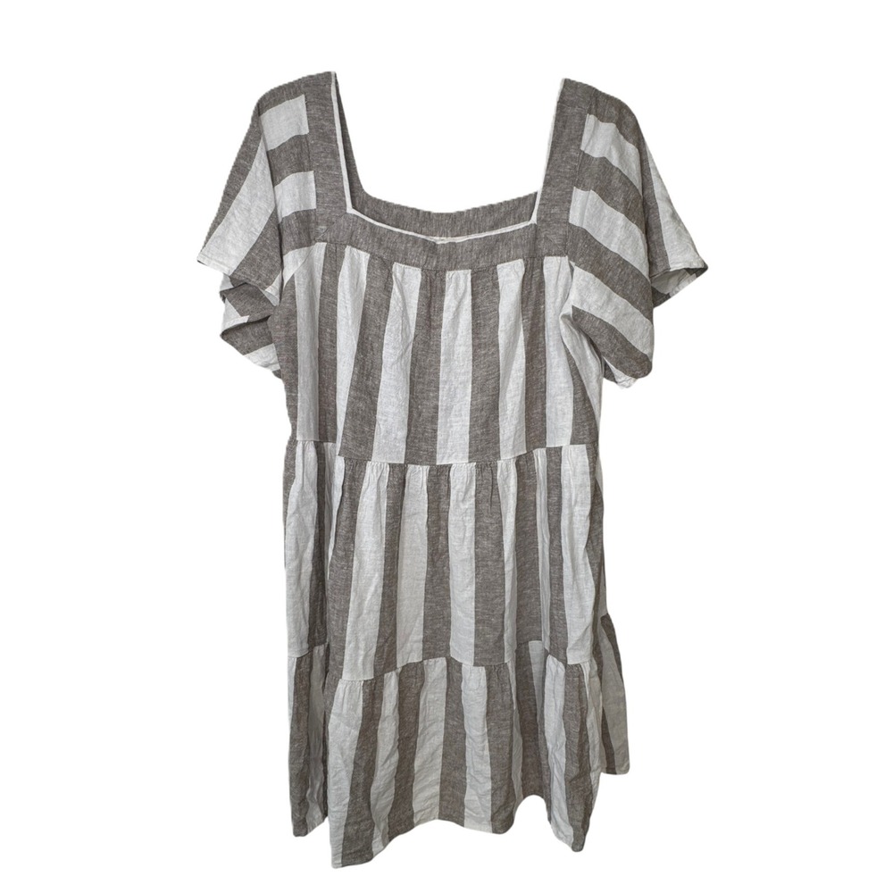 LOFT Striped Tiered Linen Mini Dress Womens Large Square Neck Neutral White Boho